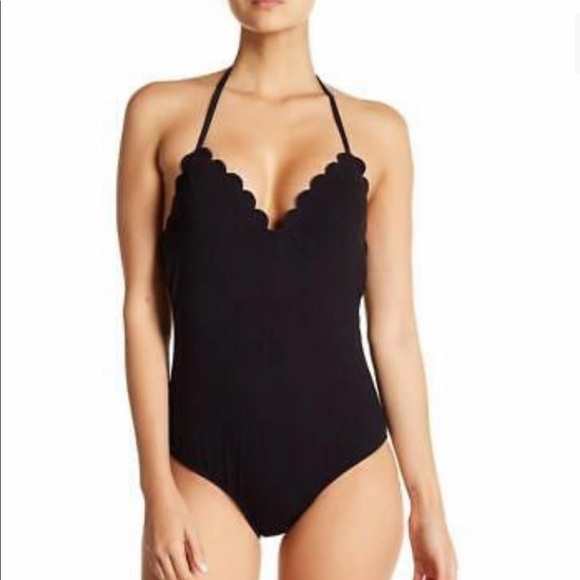 Jessica Simpson Black Halter Scalloped Trim One Piece Swimsuit Size S - Picture 1 of 6
